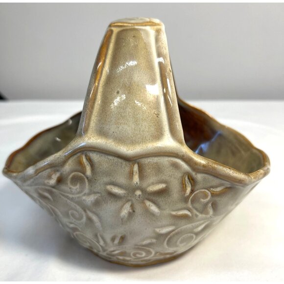 Ceramic Basket With Floral Design & Handle - Handcrafted Home Decor - Picture 5 of 5